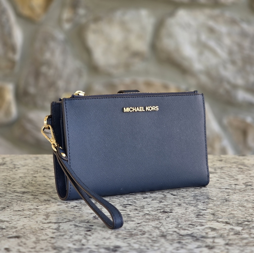Michael Kors Jet Set Large Double Zip Blue Wristlet